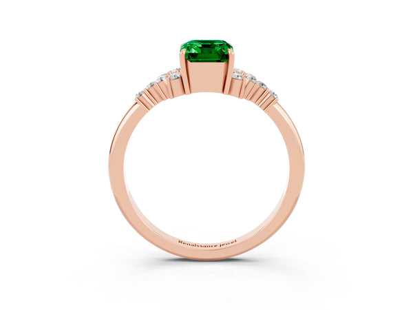 Rose gold Emerald Cut Emerald Ring with Side Stones and Four-Prong Setting