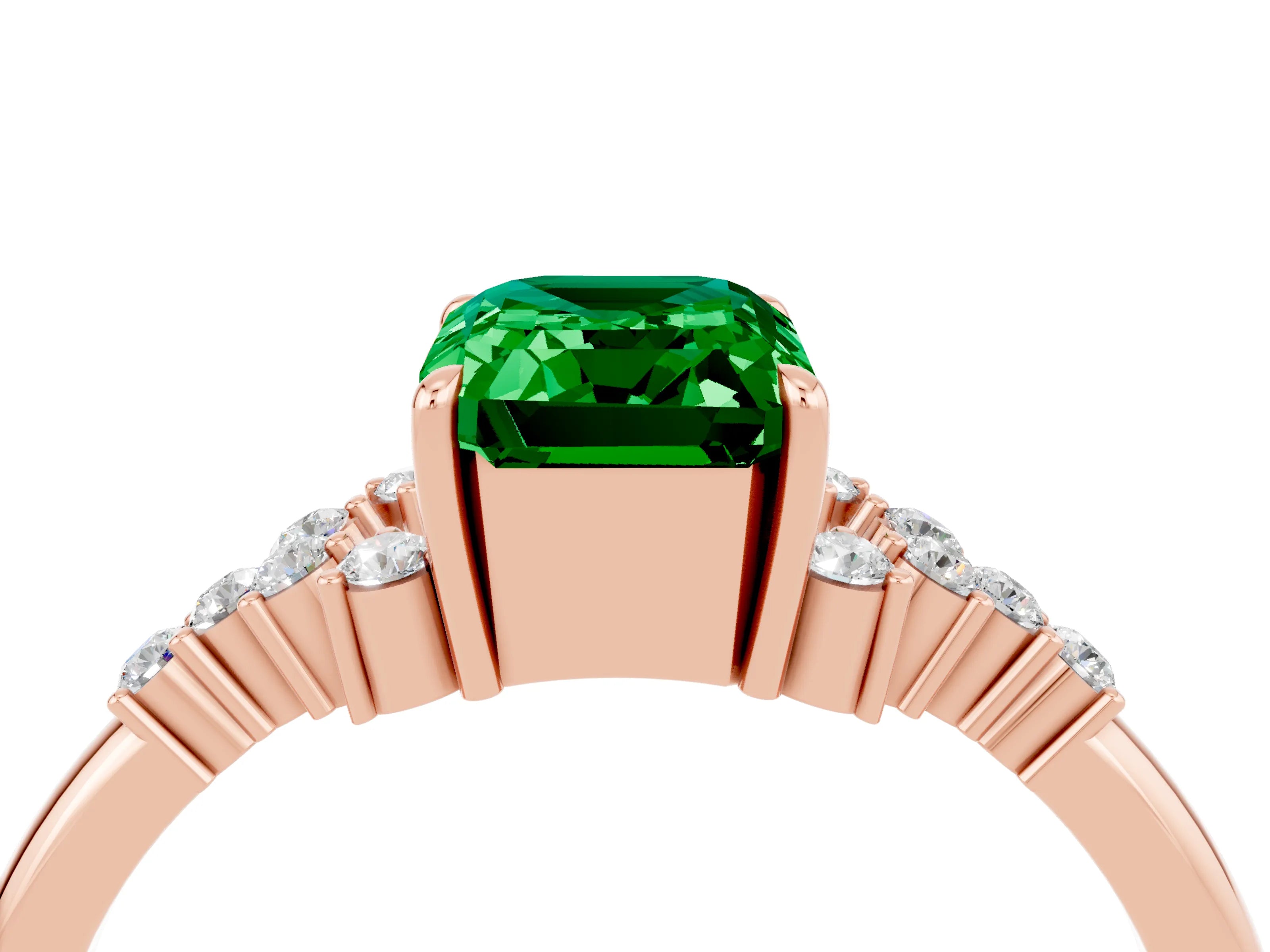 Rose gold Emerald Cut Emerald Ring with Side Stones and Four-Prong Setting_40