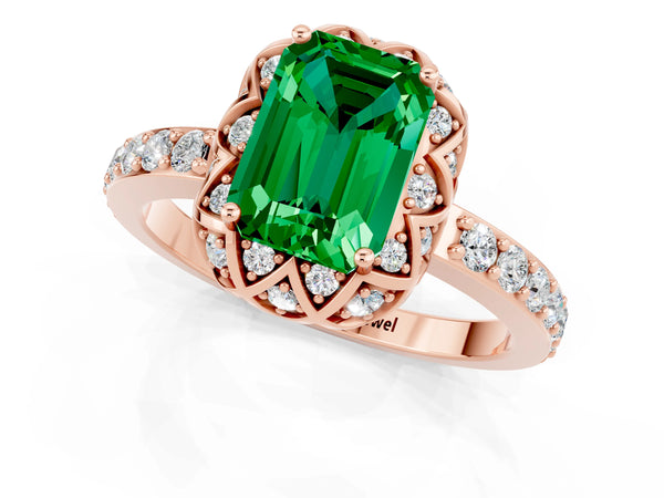 Rose gold Emerald Cut Emerald Scalloped Halo Engagement Ring with Round Shared Prong Band