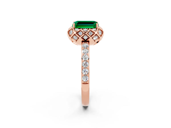Rose gold Emerald Cut Emerald Scalloped Halo Engagement Ring with Round Shared Prong Band