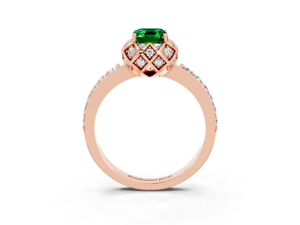 Rose gold Emerald Cut Emerald Scalloped Halo Engagement Ring with Round Shared Prong Band