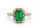Rose gold Emerald Cut Emerald Scalloped Halo Engagement Ring with Round Shared Prong Band_84