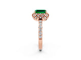Rose gold Emerald Cut Emerald Scalloped Halo Engagement Ring with Round Shared Prong Band_86