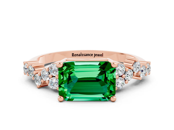 Rose gold Emerald Cut Emerald Scattered Round Accent Ring with Prong Setting