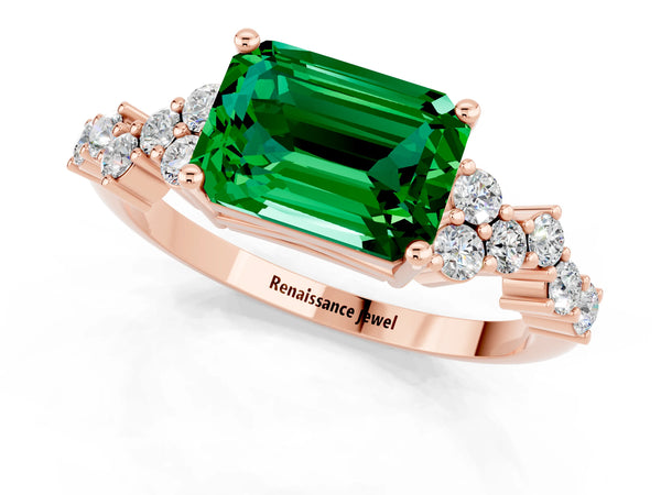 Rose gold Emerald Cut Emerald Scattered Round Accent Ring with Prong Setting