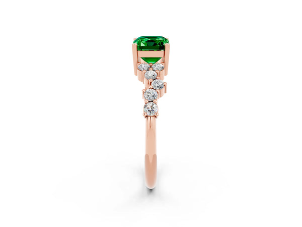 Rose gold Emerald Cut Emerald Scattered Round Accent Ring with Prong Setting