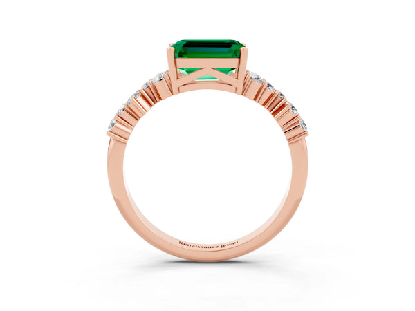 Rose gold Emerald Cut Emerald Scattered Round Accent Ring with Prong Setting