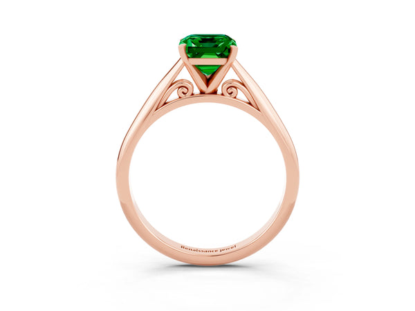 Rose gold Emerald Cut Emerald Solitaire Engagement Ring with Cathedral Setting and Four-Prong Mount