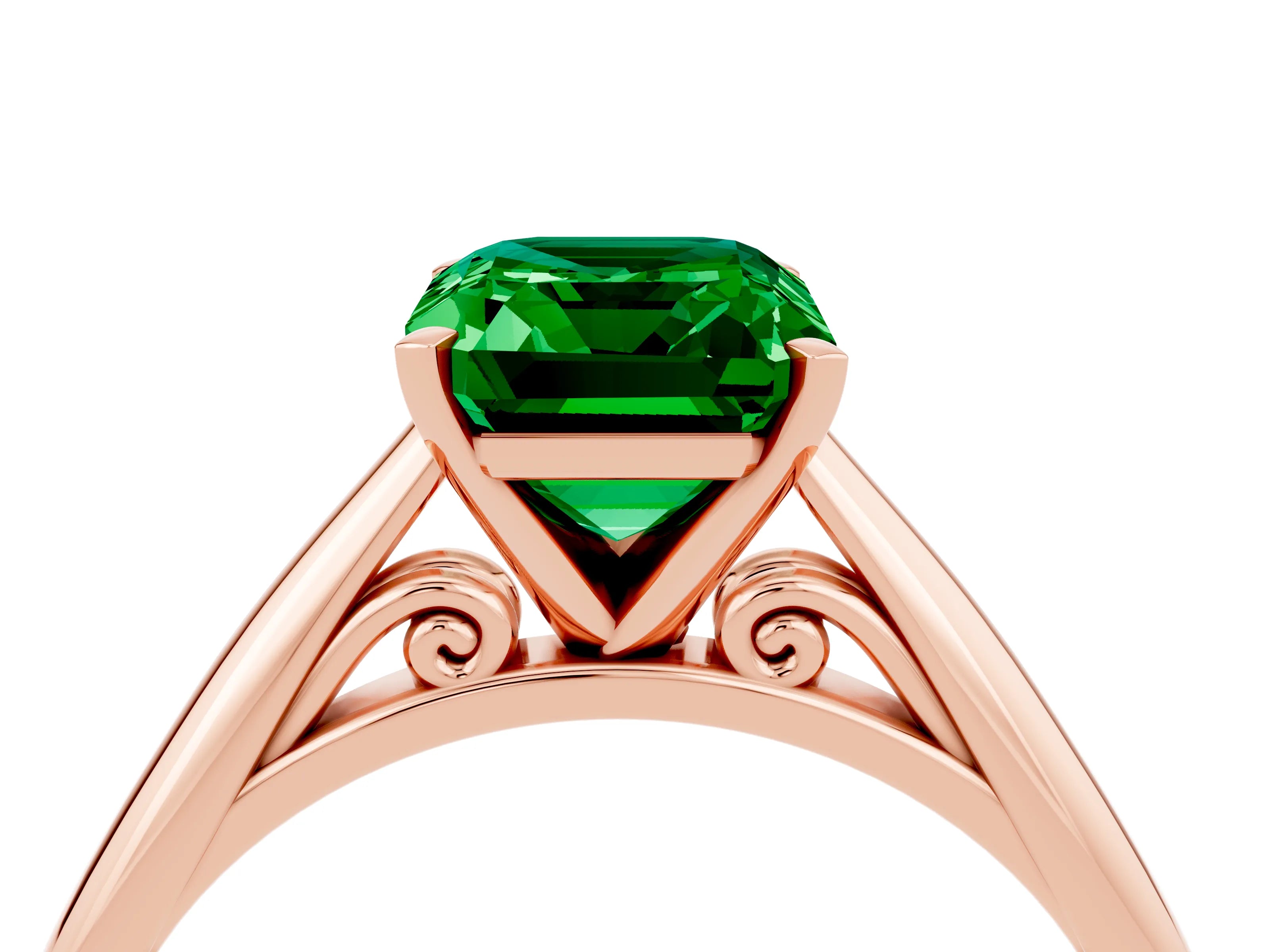 Rose gold Emerald Cut Emerald Solitaire Engagement Ring with Cathedral Setting and Four-Prong Mount_16