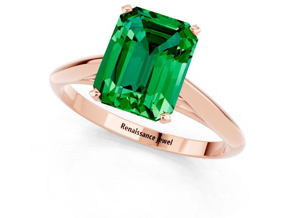 Rose gold Emerald Cut Emerald Solitaire Engagement Ring with Cathedral Setting and Four-Prong Mount