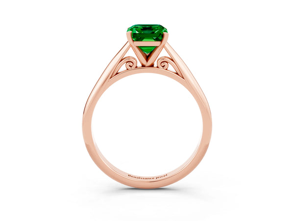 Rose gold Emerald Cut Emerald Solitaire Engagement Ring with Cathedral Setting and Four-Prong Mount
