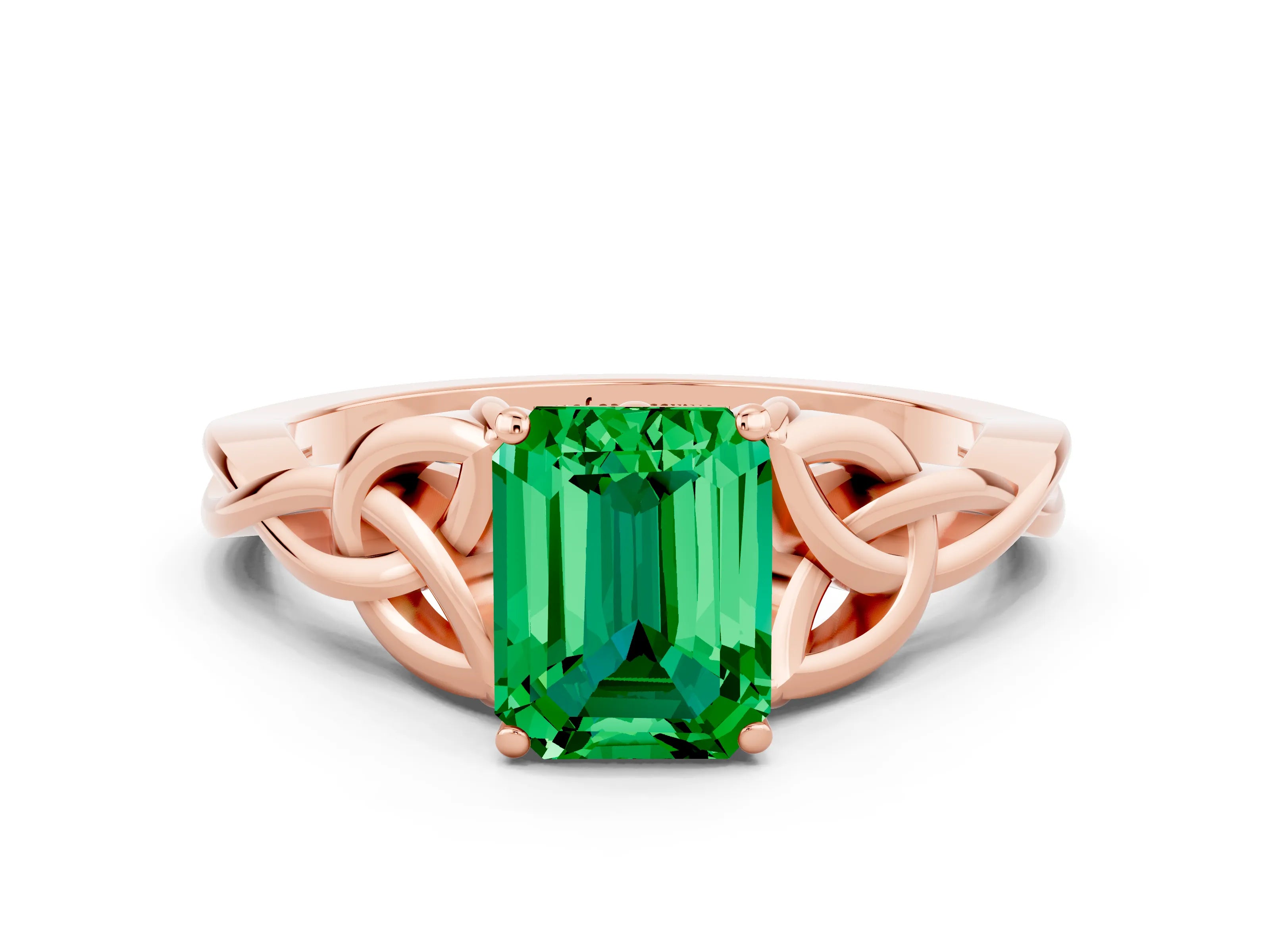 Rose gold Emerald Cut Emerald Solitaire Engagement Ring with Celtic Knot Band and Four-Prong Setting