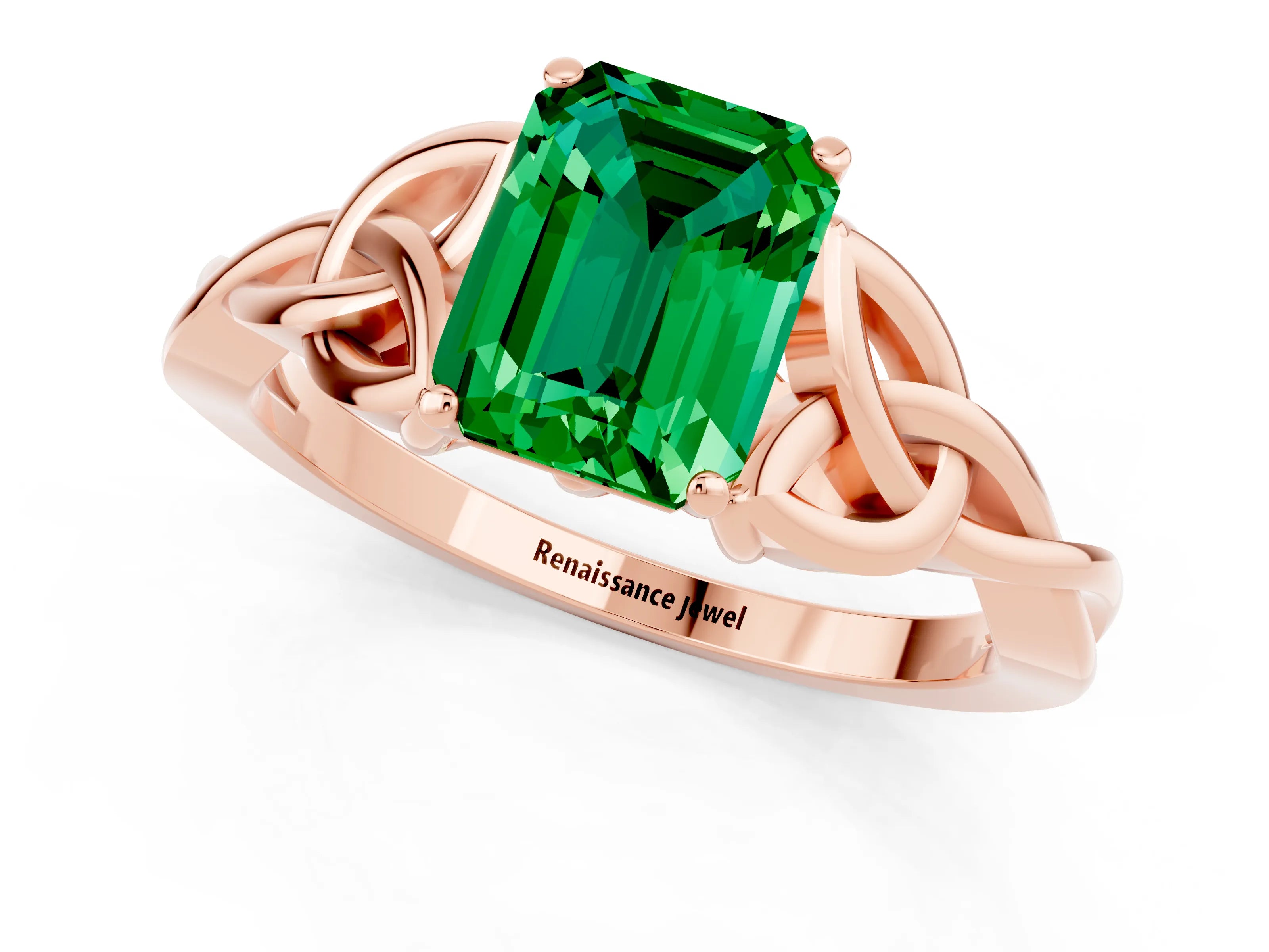 Rose gold Emerald Cut Emerald Solitaire Engagement Ring with Celtic Knot Band and Four-Prong Setting_1