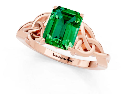 Rose gold Emerald Cut Emerald Solitaire Engagement Ring with Celtic Knot Band and Four-Prong Setting_1
