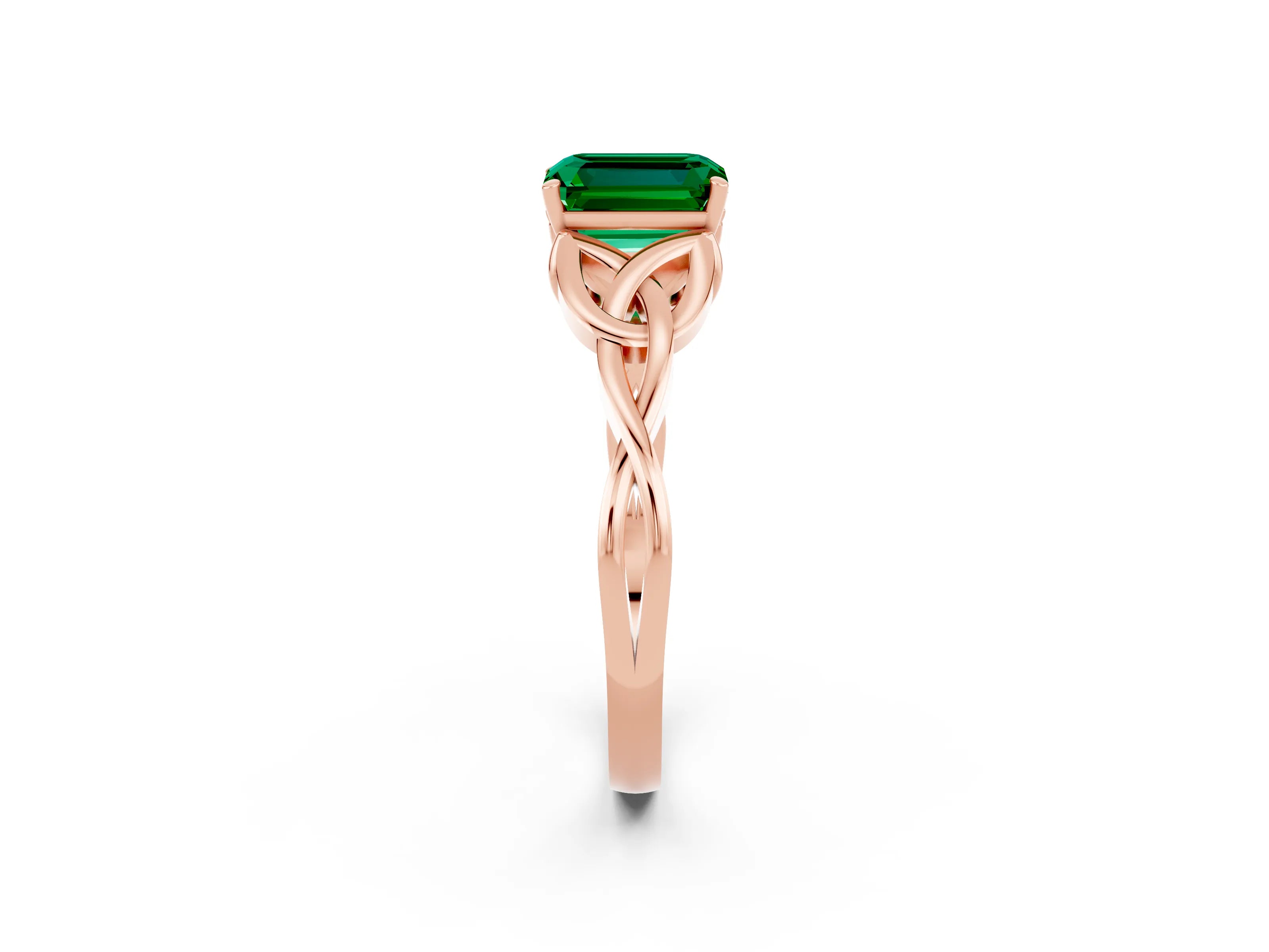 Rose gold Emerald Cut Emerald Solitaire Engagement Ring with Celtic Knot Band and Four-Prong Setting_2