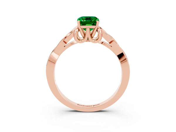Rose gold Emerald Cut Emerald Solitaire Engagement Ring with Celtic Knot Band and Four-Prong Setting