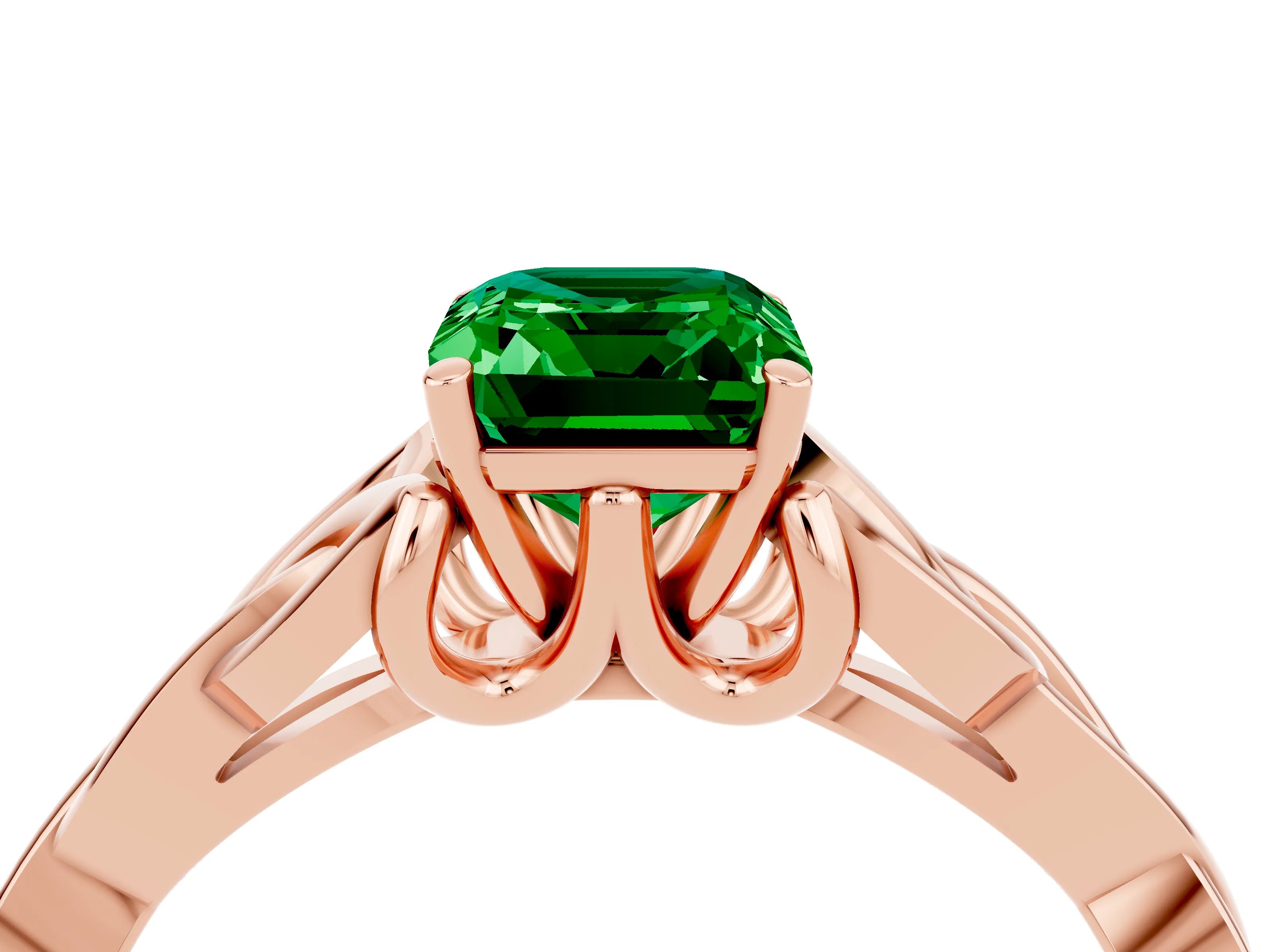 Rose gold Emerald Cut Emerald Solitaire Engagement Ring with Celtic Knot Band and Four-Prong Setting_4