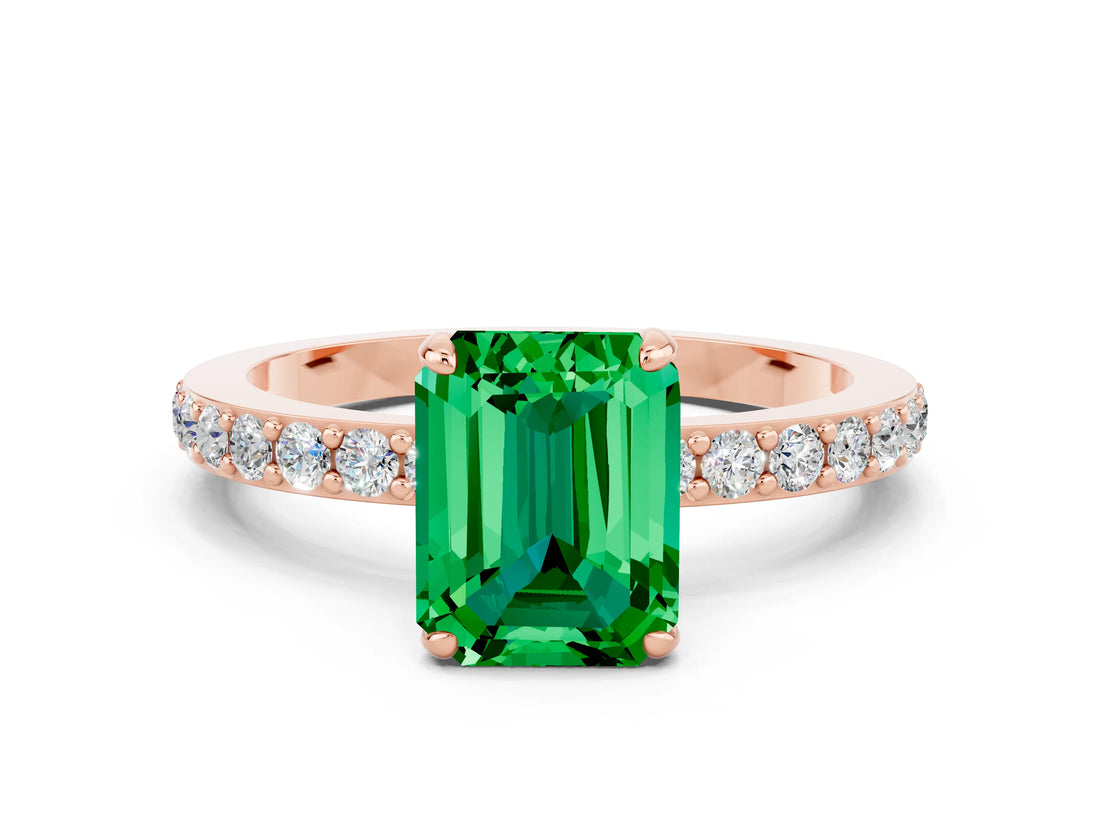 Rose gold Emerald Cut Emerald Solitaire Engagement Ring with Pavé Band and Four-Prong Setting