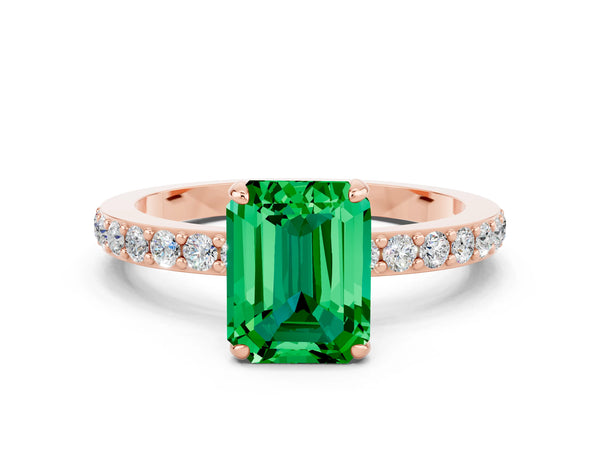 Rose gold Emerald Cut Emerald Solitaire Engagement Ring with Pavé Band and Four-Prong Setting