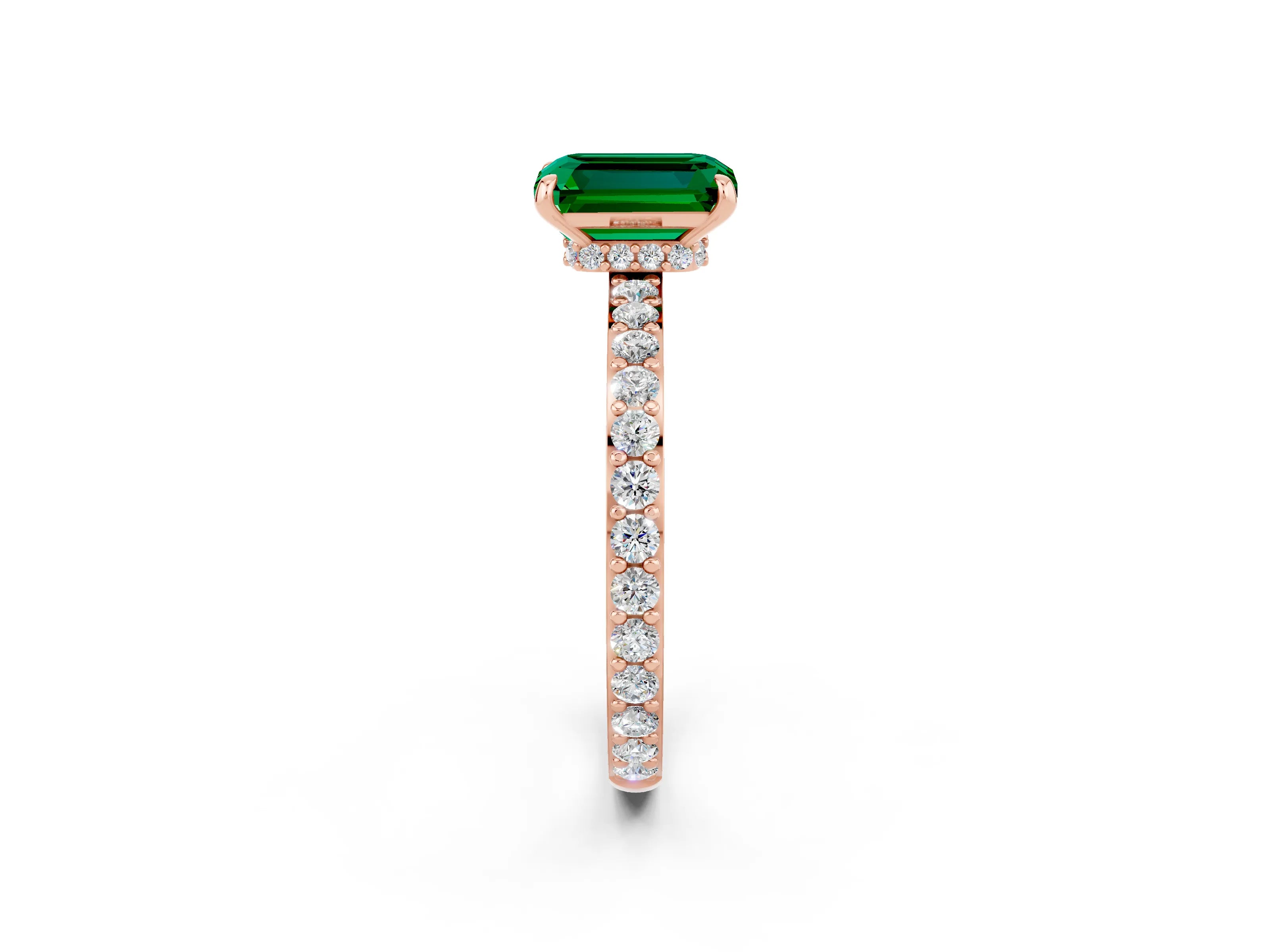 Rose gold Emerald Cut Emerald Solitaire Engagement Ring with Pavé Band and Four-Prong Setting_2
