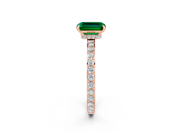 Rose gold Emerald Cut Emerald Solitaire Engagement Ring with Pavé Band and Four-Prong Setting