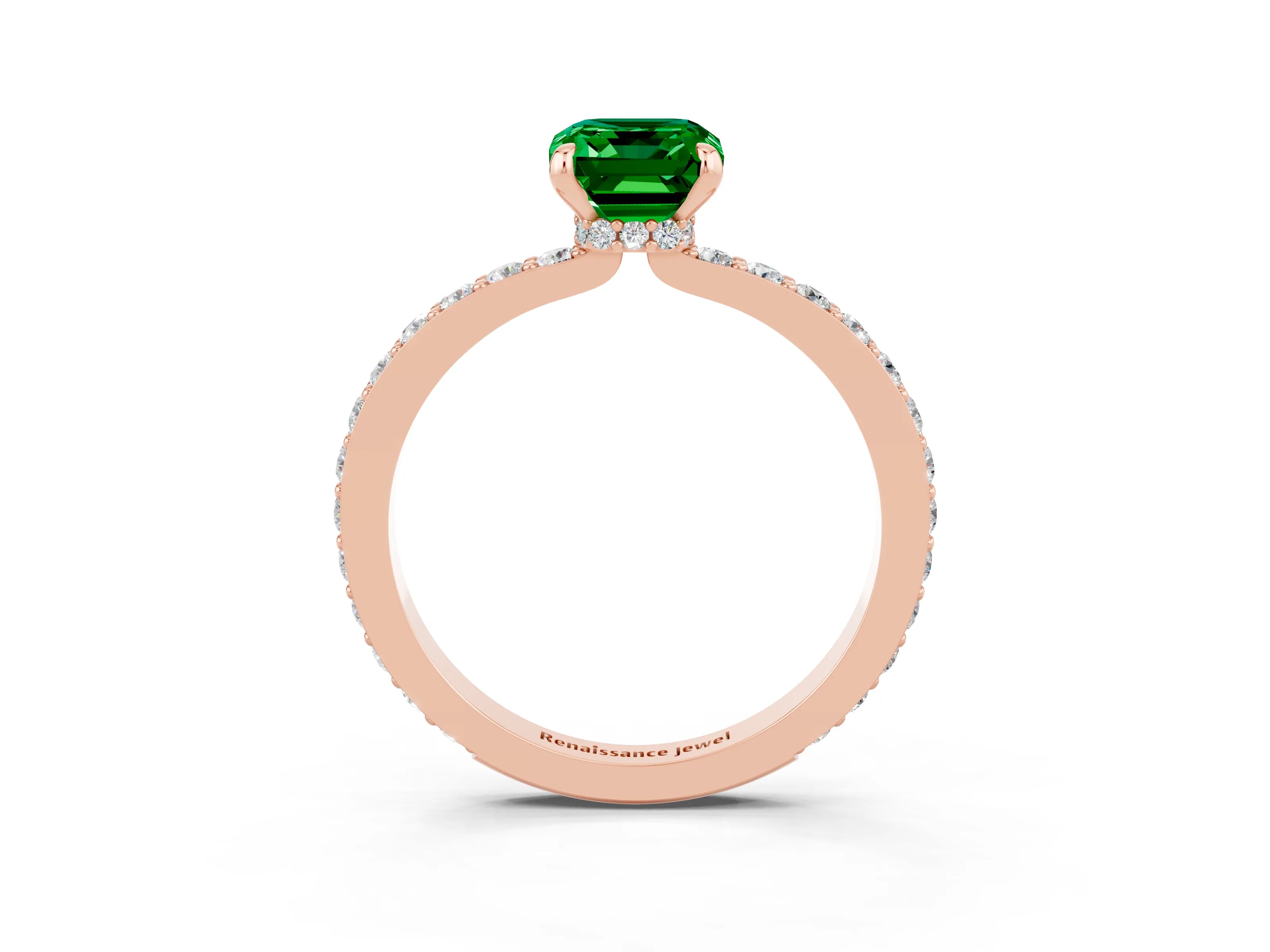 Rose gold Emerald Cut Emerald Solitaire Engagement Ring with Pavé Band and Four-Prong Setting_3