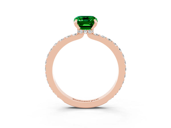 Rose gold Emerald Cut Emerald Solitaire Engagement Ring with Pavé Band and Four-Prong Setting