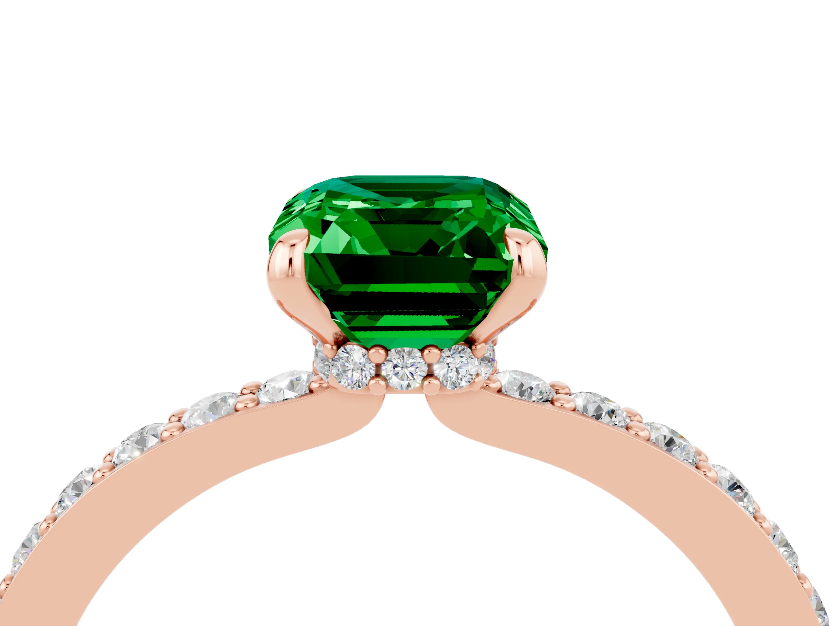 Rose gold Emerald Cut Emerald Solitaire Engagement Ring with Pavé Band and Four-Prong Setting_4