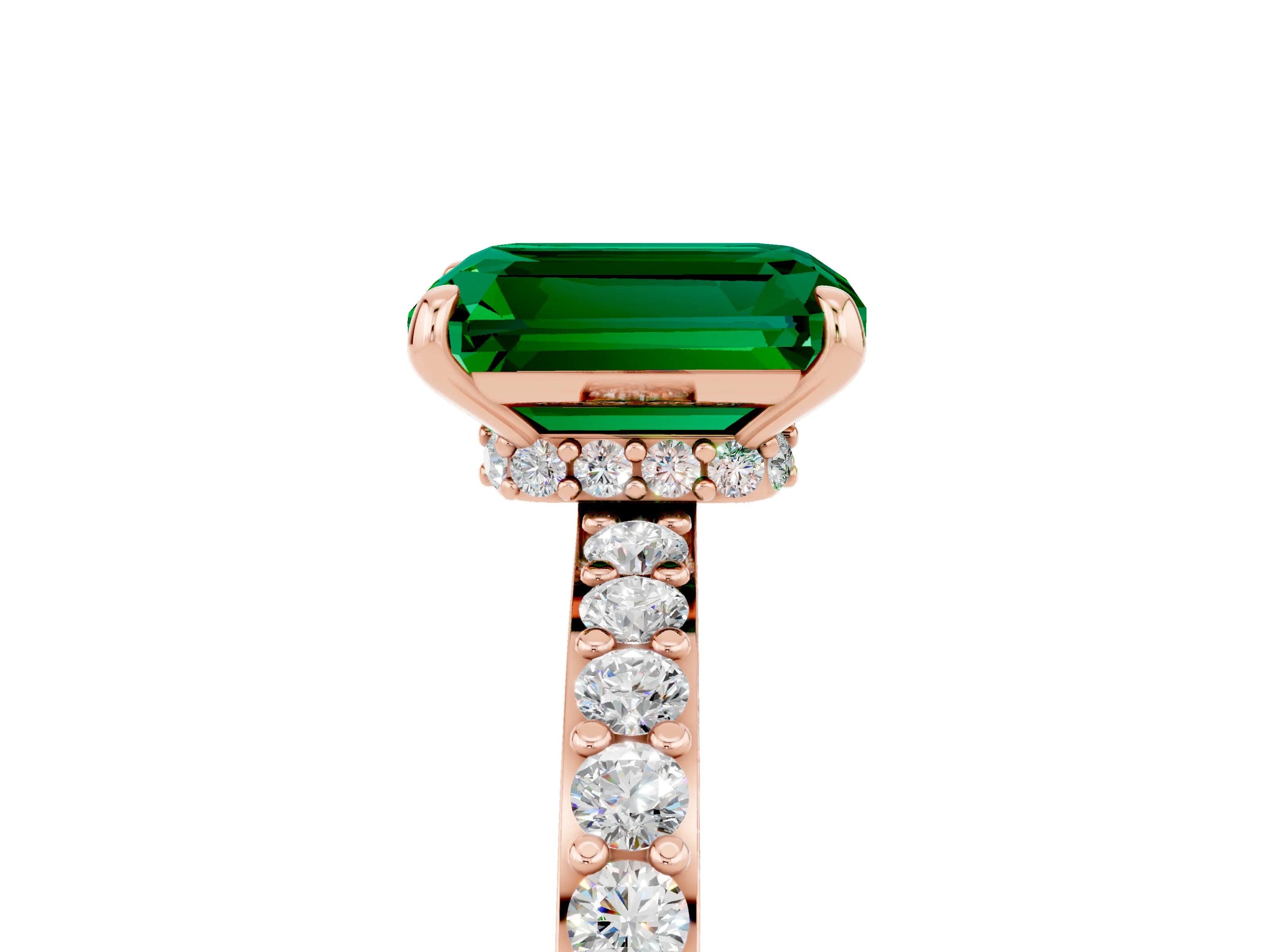 Rose gold Emerald Cut Emerald Solitaire Engagement Ring with Pavé Band and Four-Prong Setting_5