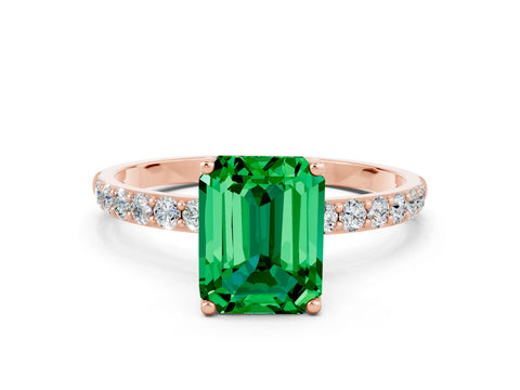 Rose gold Emerald Cut Emerald Solitaire Engagement Ring with Pavé Band and Prong Setting_12