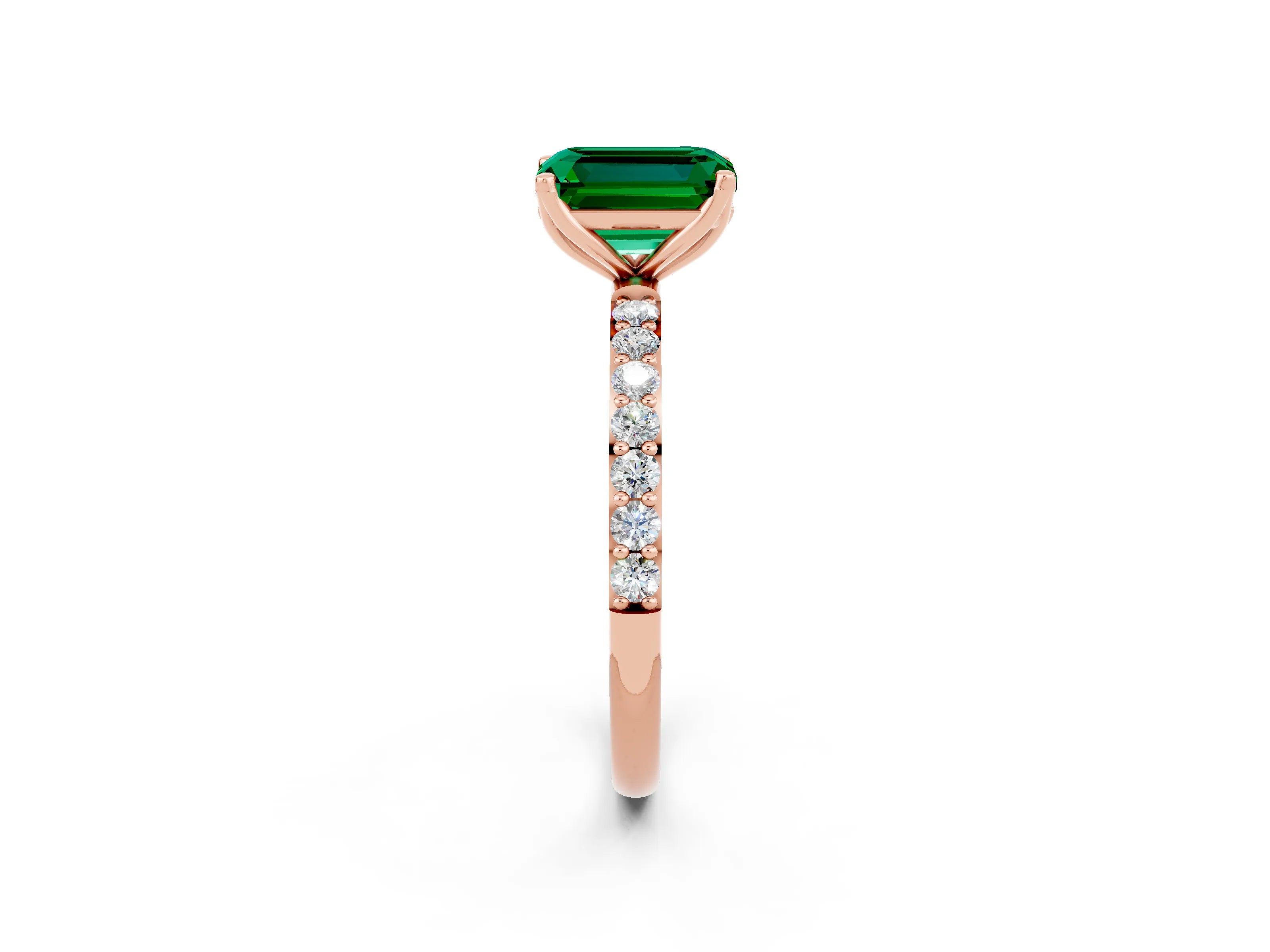 Rose gold Emerald Cut Emerald Solitaire Engagement Ring with Pavé Band and Prong Setting_14