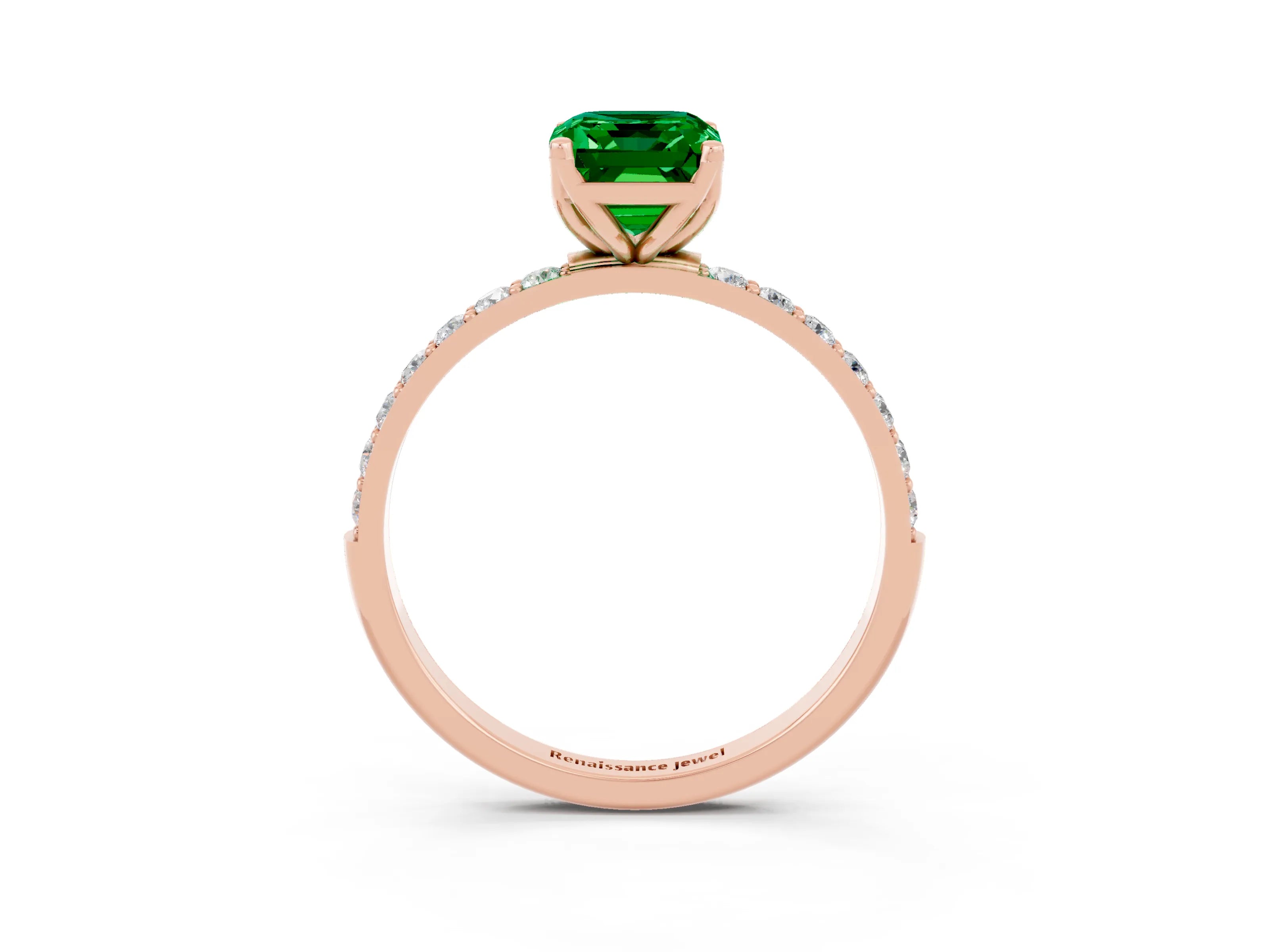 Rose gold Emerald Cut Emerald Solitaire Engagement Ring with Pavé Band and Prong Setting_15