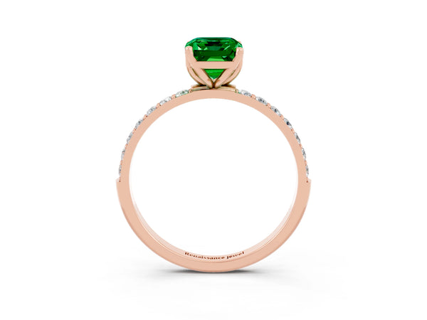 Rose gold Emerald Cut Emerald Solitaire Engagement Ring with Round  Pavé Band and Prong Setting