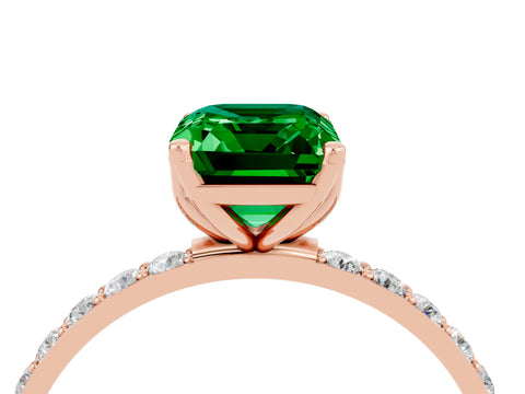 Rose gold Emerald Cut Emerald Solitaire Engagement Ring with Pavé Band and Prong Setting_16