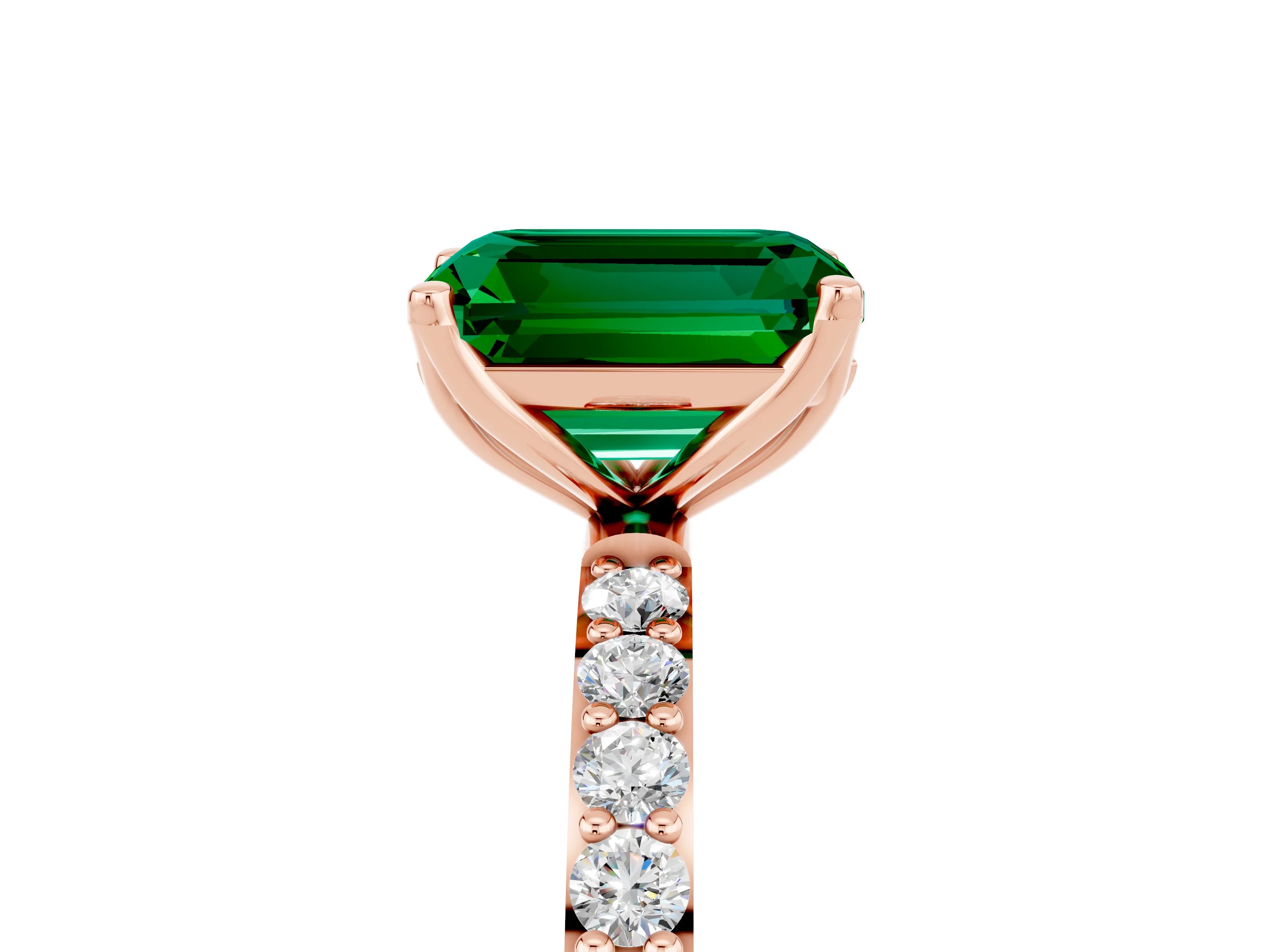 Rose gold Emerald Cut Emerald Solitaire Engagement Ring with Pavé Band and Prong Setting_17