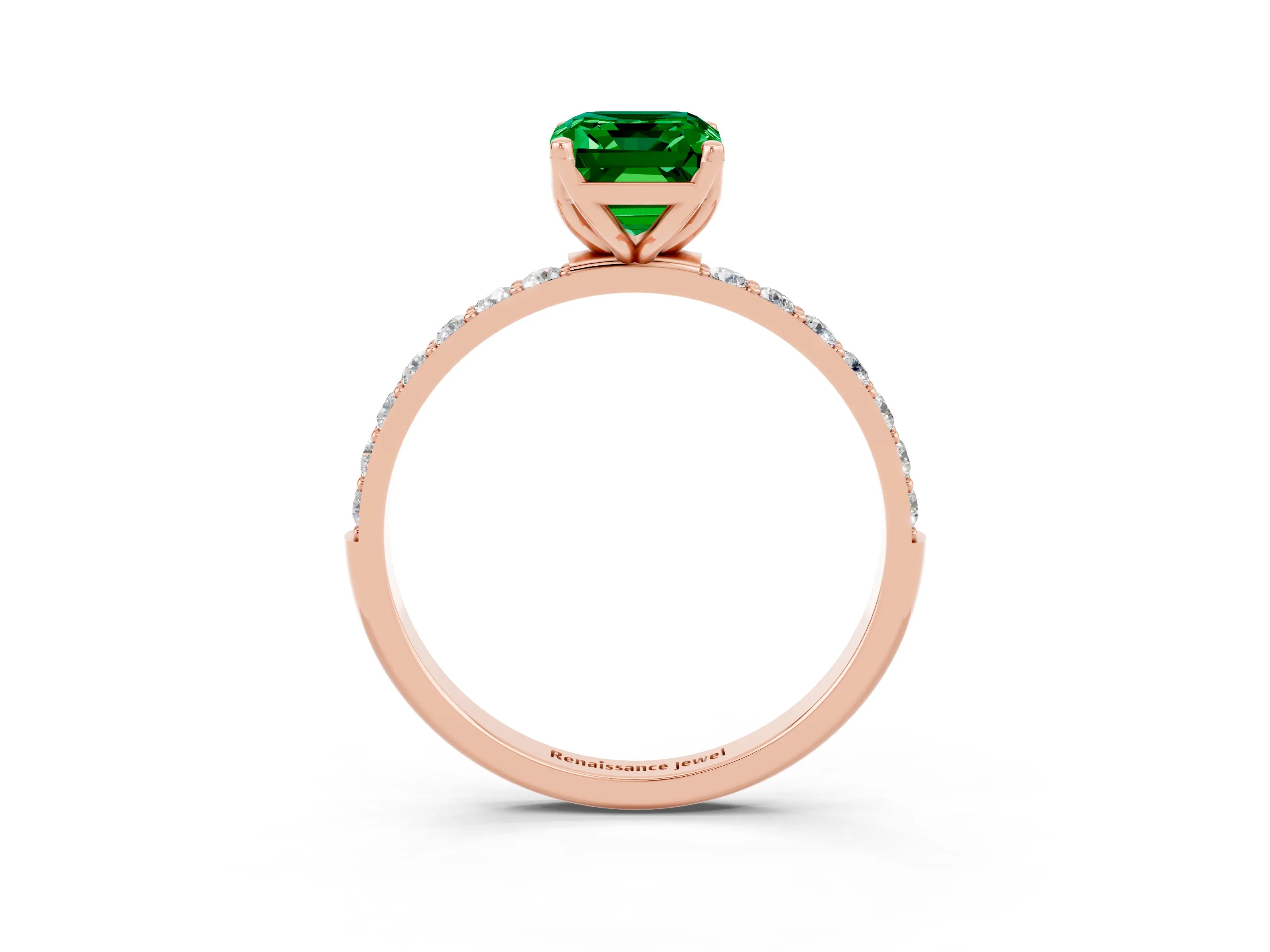 Rose gold Emerald Cut Emerald Solitaire Engagement Ring with Pavé Band and Prong Setting_3