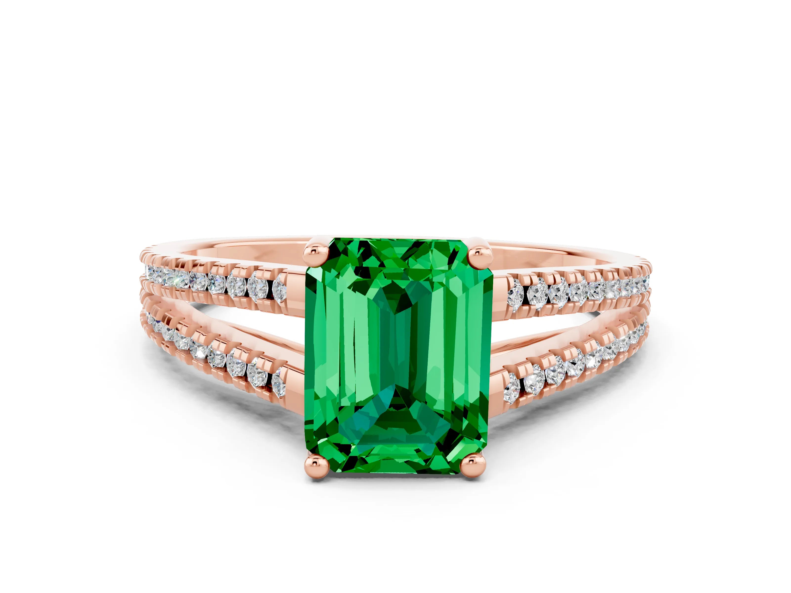 Rose gold Emerald Cut Emerald Solitaire Engagement Ring with Split Shank Pavé Band