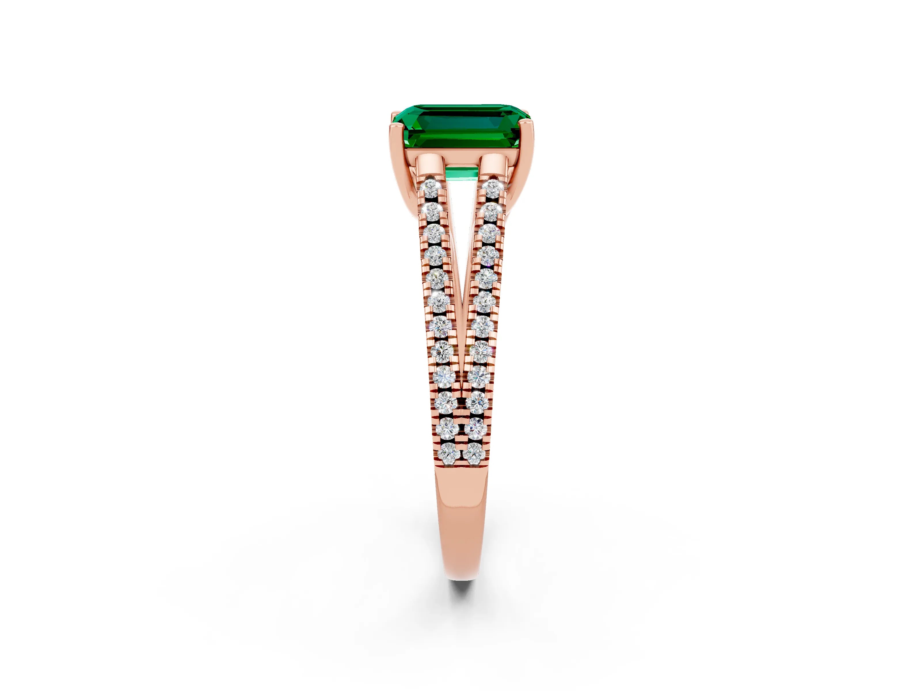 Rose gold Emerald Cut Emerald Solitaire Engagement Ring with Split Shank Pavé Band_2