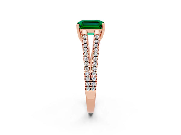 Rose gold Emerald Cut Emerald Solitaire Engagement Ring with Split Shank Pavé Band