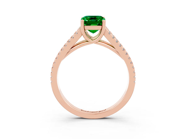 Rose gold Emerald Cut Emerald Solitaire Engagement Ring with Split Shank Pavé Band