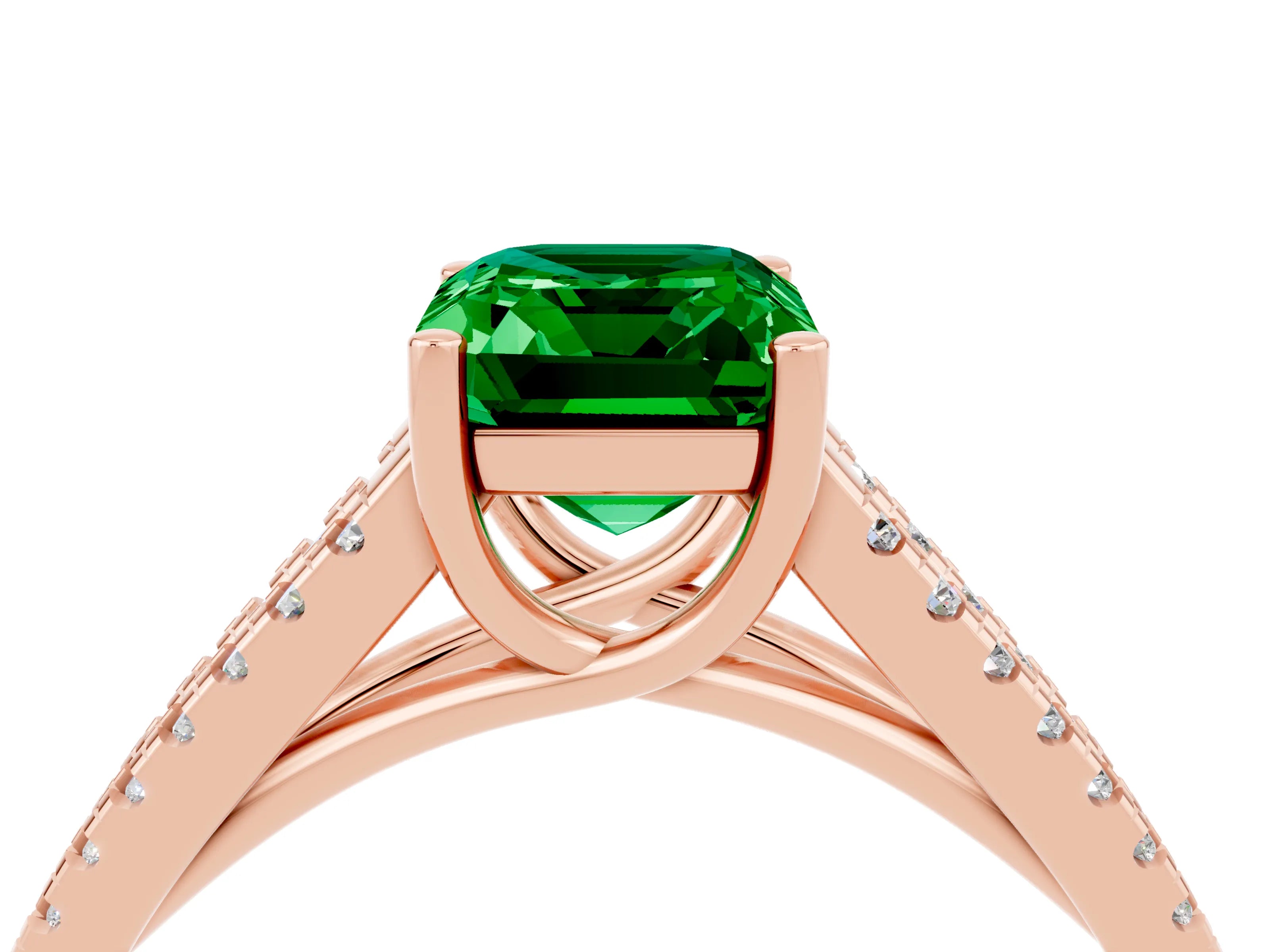 Rose gold Emerald Cut Emerald Solitaire Engagement Ring with Split Shank Pavé Band_4