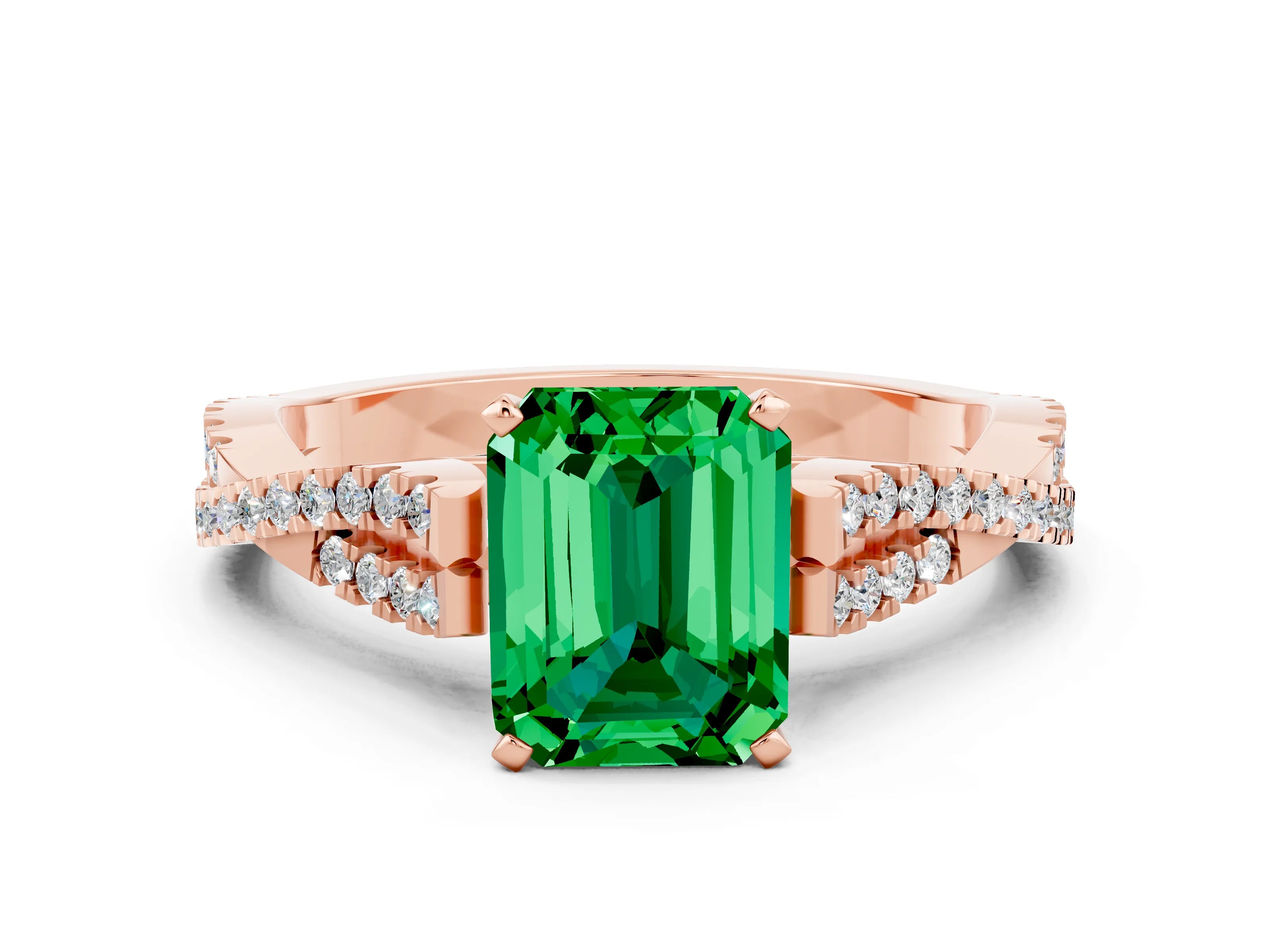 Rose gold Emerald Cut Emerald Solitaire Engagement Ring with Twisted Pavé Band and Four-Prong Setting