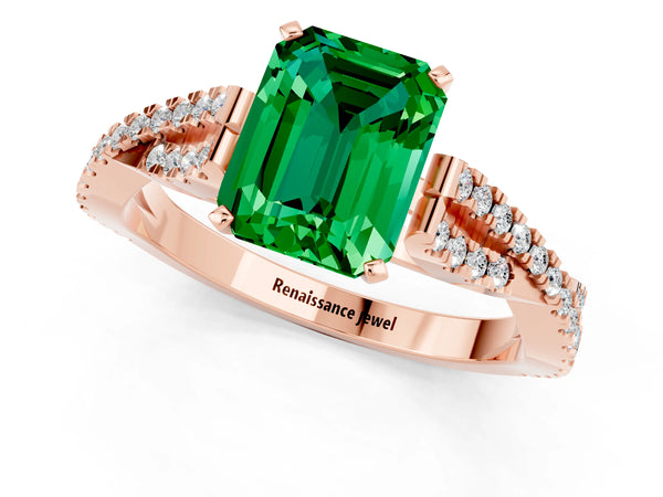 Rose gold Emerald Cut Emerald Solitaire Engagement Ring with Twisted Pavé Band and Four-Prong Setting