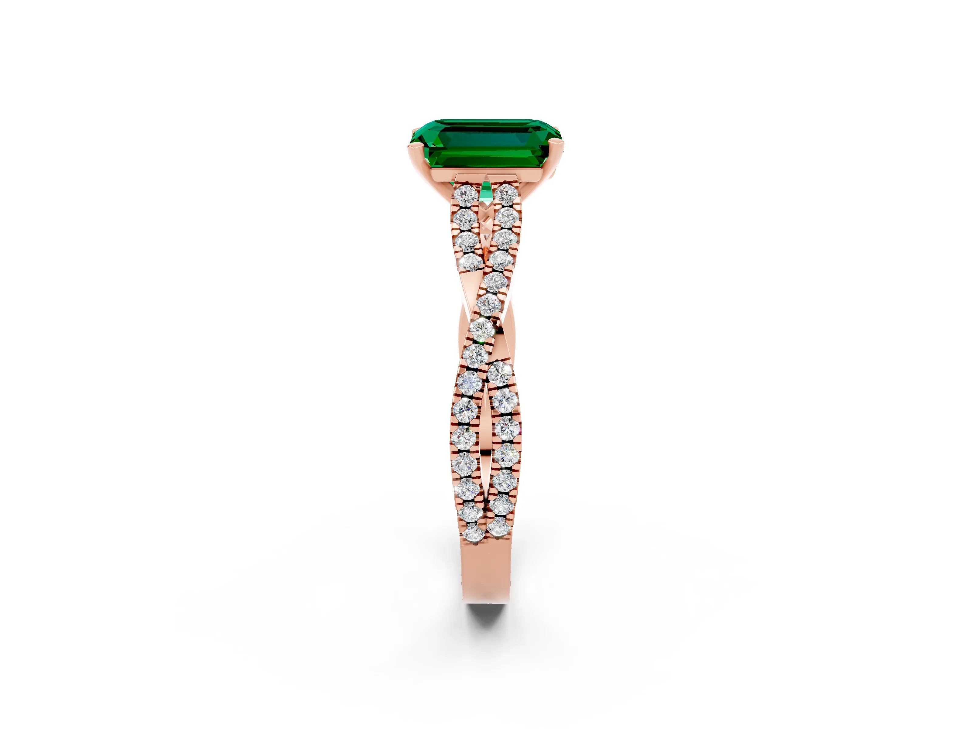 Rose gold Emerald Cut Emerald Solitaire Engagement Ring with Twisted Pavé Band and Four-Prong Setting_2