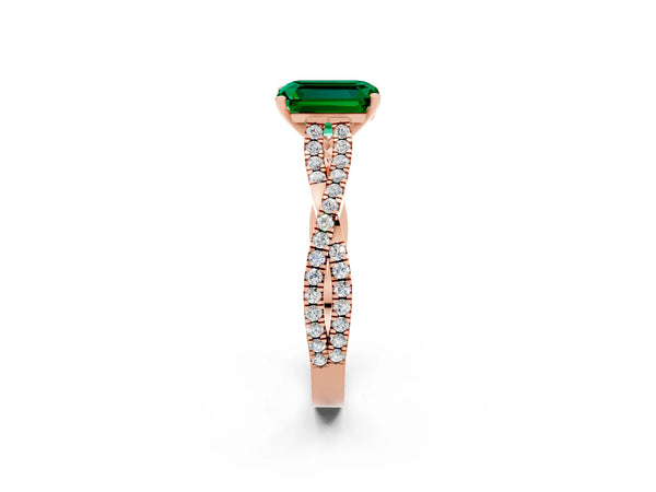 Rose gold Emerald Cut Emerald Solitaire Engagement Ring with Twisted Pavé Band and Four-Prong Setting