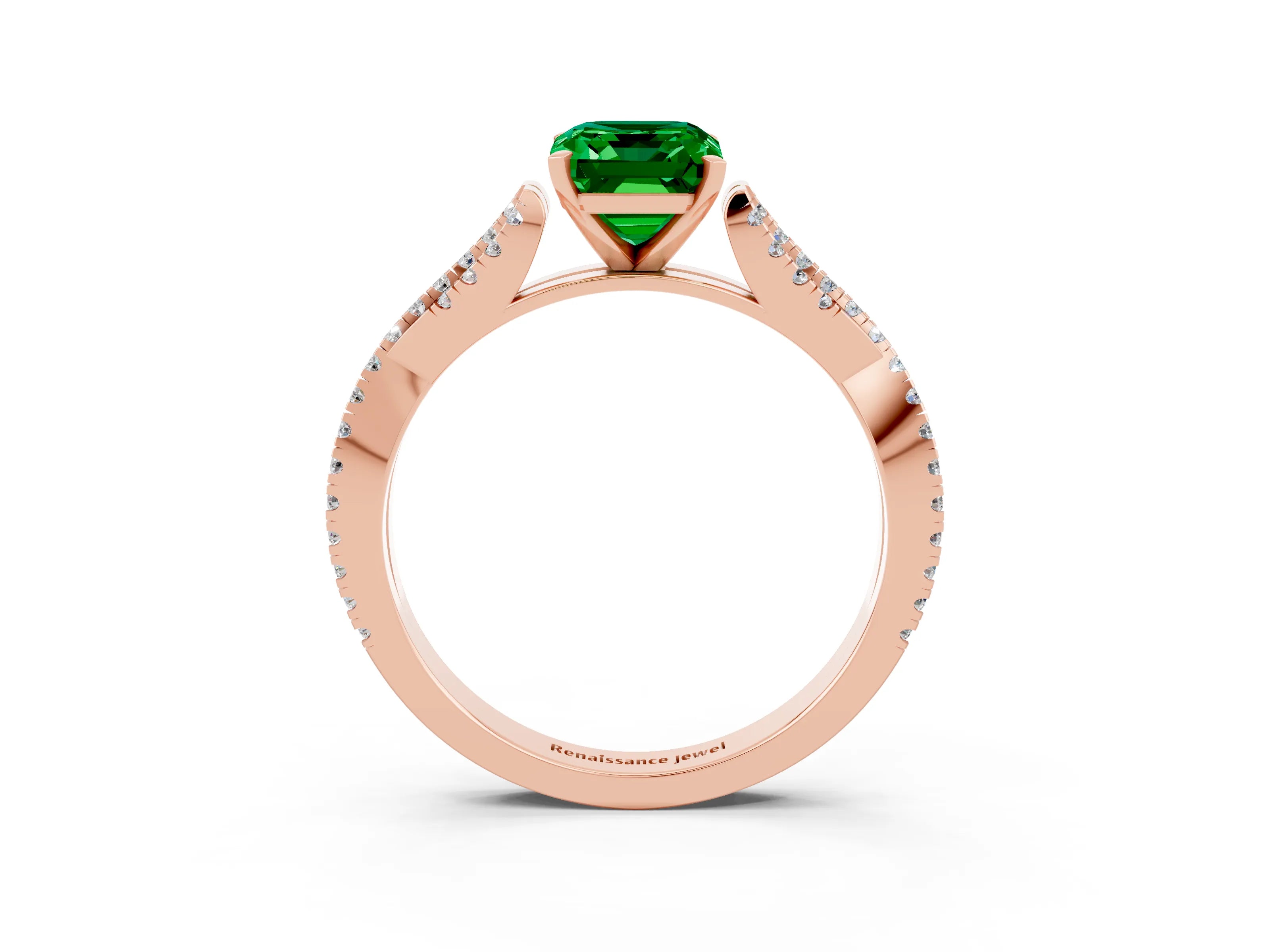 Rose gold Emerald Cut Emerald Solitaire Engagement Ring with Twisted Pavé Band and Four-Prong Setting_3
