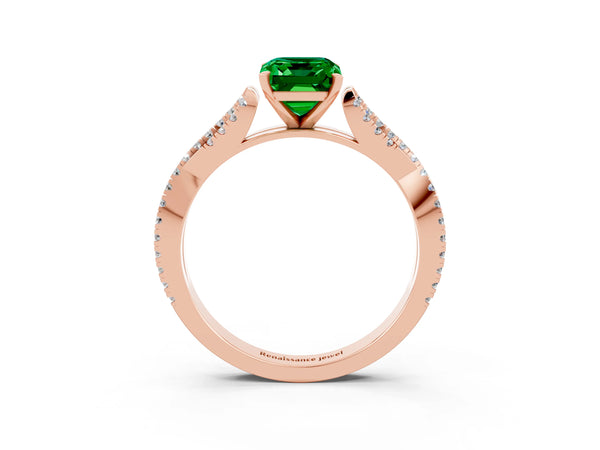 Rose gold Emerald Cut Emerald Solitaire Engagement Ring with Twisted Pavé Band and Four-Prong Setting
