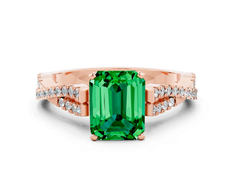 Rose gold Emerald Cut Emerald Solitaire Engagement Ring with Twisted Pavé Band and Four-Prong Setting