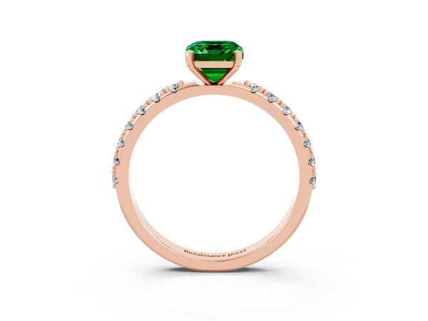 Rose gold Emerald Cut Emerald Solitaire Pavé Band with Four-Prong Setting