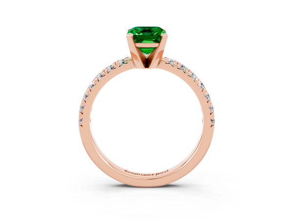 Rose gold Emerald Cut Emerald Solitaire Pavé Engagement Ring with Round Band and Prong Setting